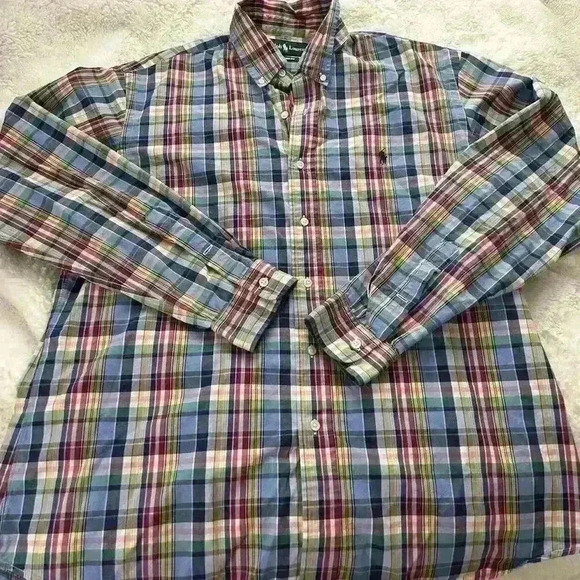 Ralph Lauren XL Multicolor Plaid‎ Button-Up Long Sleeve Men's Shirt 100% Cotton - Picture 2 of 5